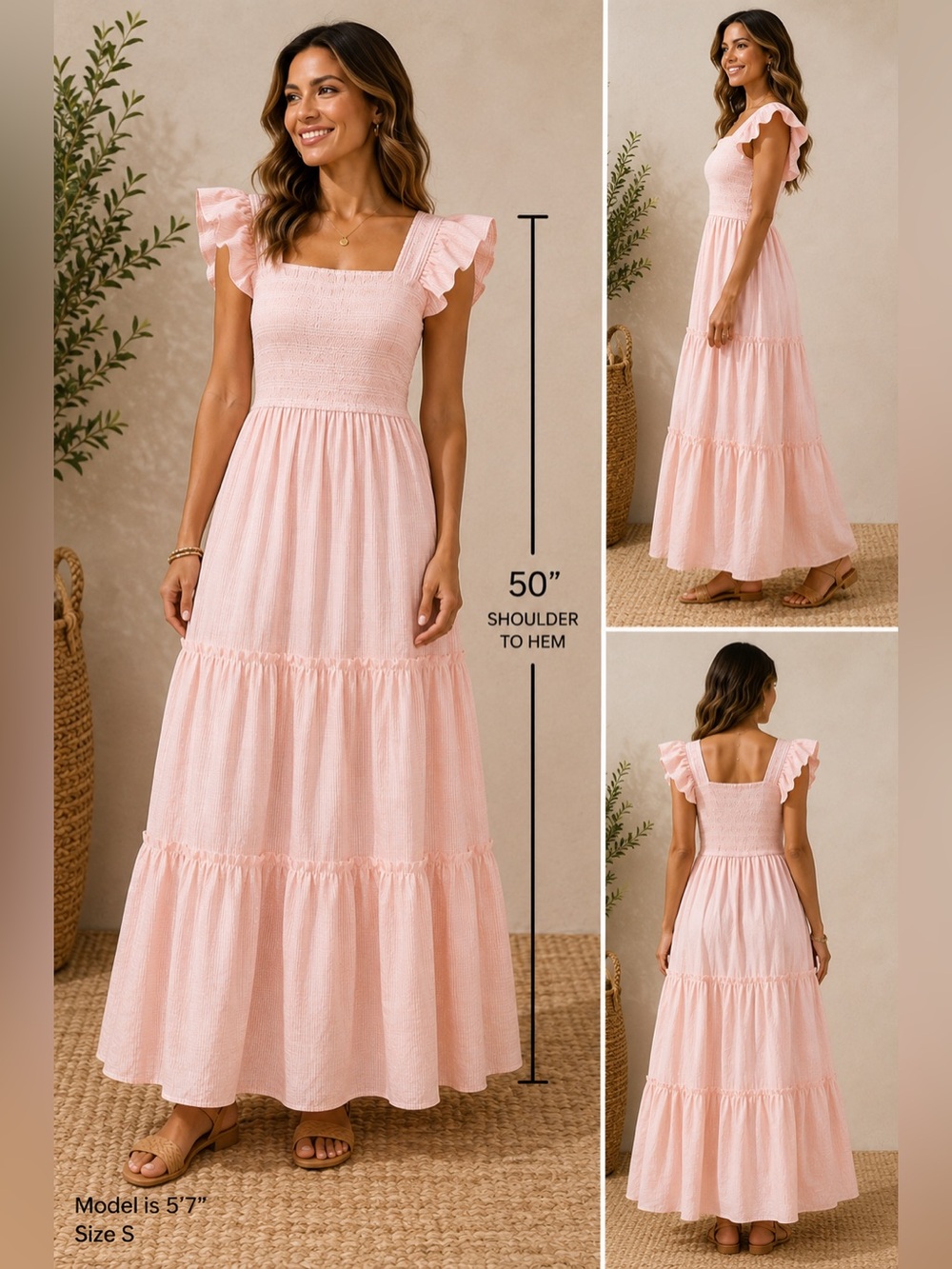 Aiblee Smocked Square-Neck Ruffle Maxi Dress - Pink